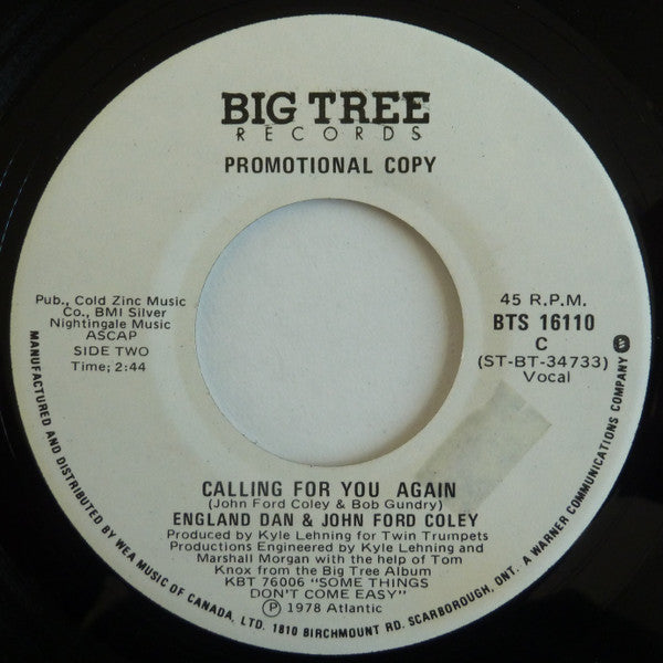 England Dan & John Ford Coley : We'll Never Have To Say Goodbye Again (7", Single, Promo)