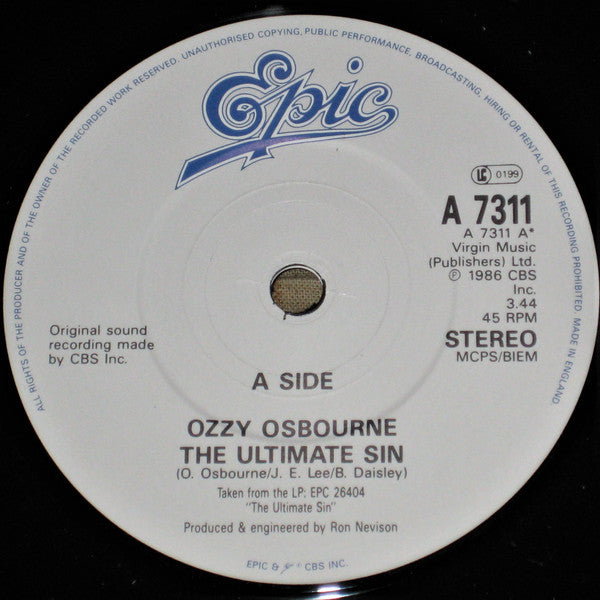 Ozzy Osbourne : The Ultimate Sin / Lightning Strikes (7", Single)
