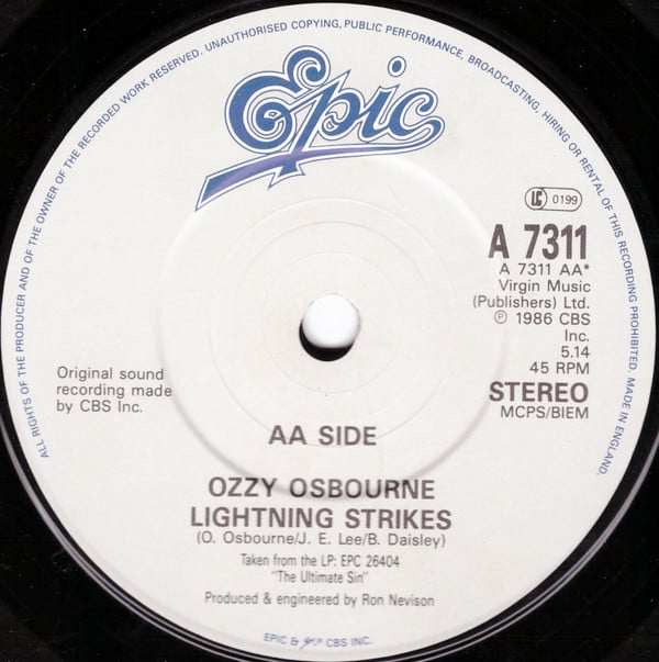 Ozzy Osbourne : The Ultimate Sin / Lightning Strikes (7", Single)