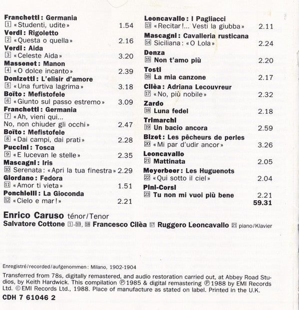Enrico Caruso : Airs D'Opéras Et Mélodies = Opera Arias And Songs = Opernarien Und Gesänge (Milano 1902-1904) (CD, Comp, Mono, RE)
