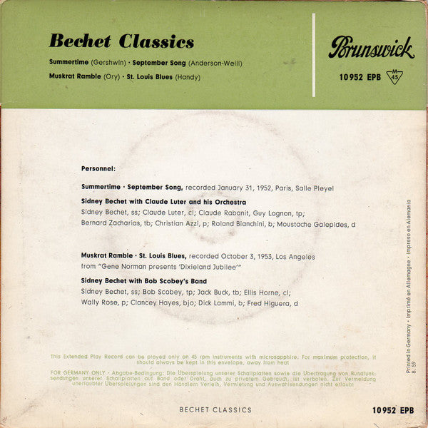 Sidney Bechet : Bechet Classics (7", EP, Mono, RE)