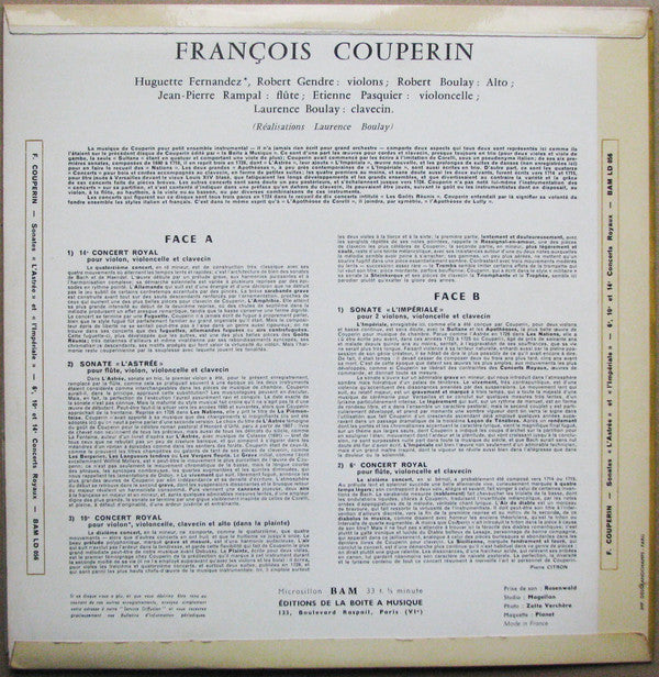 François Couperin / Huguette Fernandez, Robert Gendre, Robert Boulay, Jean-Pierre Rampal, Etienne Pasquier, Laurence Boulay : Sonates “L'Astrée” Et “L'Impériale” / 6ème, 10ème Et 14ème Concerts Royaux (LP, Mono)