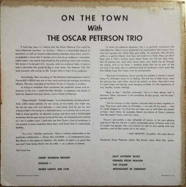 The Oscar Peterson Trio : On The Town With The Oscar Peterson Trio (LP, Album, Mono)