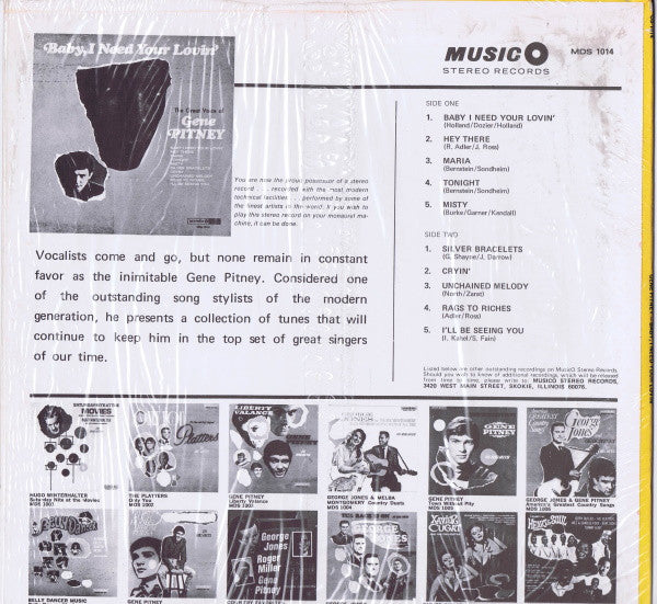 Gene Pitney : Baby, I Need Your Lovin': The Great Voice of Gene Pitney (LP, Comp)