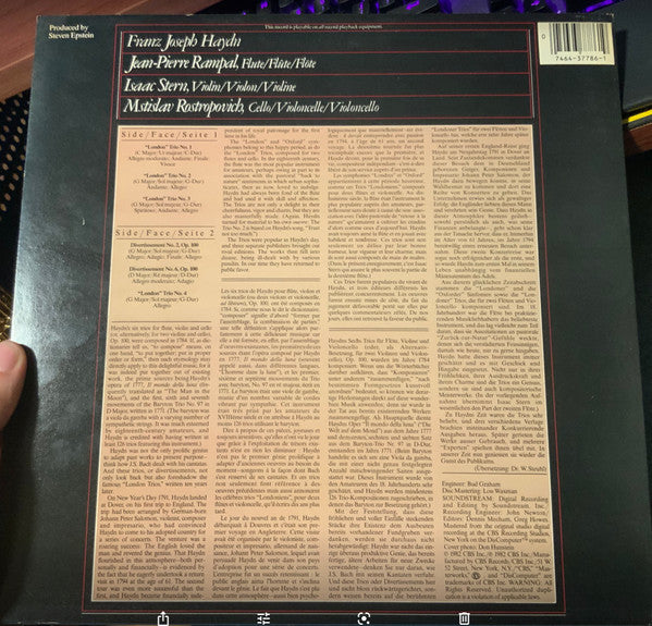 Joseph Haydn, Jean-Pierre Rampal, Isaac Stern, Mstislav Rostropovich : Trios / Divertissements (LP, Album)